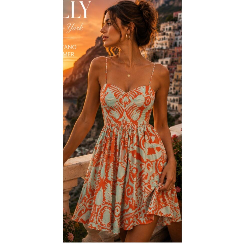 Milly Gemma Silk Cotton Strapless Ikat Fit Flare Dress Orange Size 4